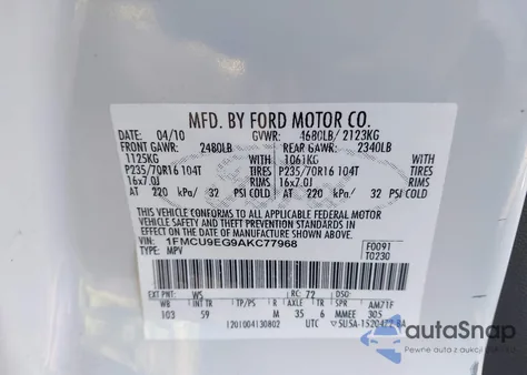 2010 Ford Escape Limited из США, поврежденный, VIN 1FMCU9EG9AKC77968